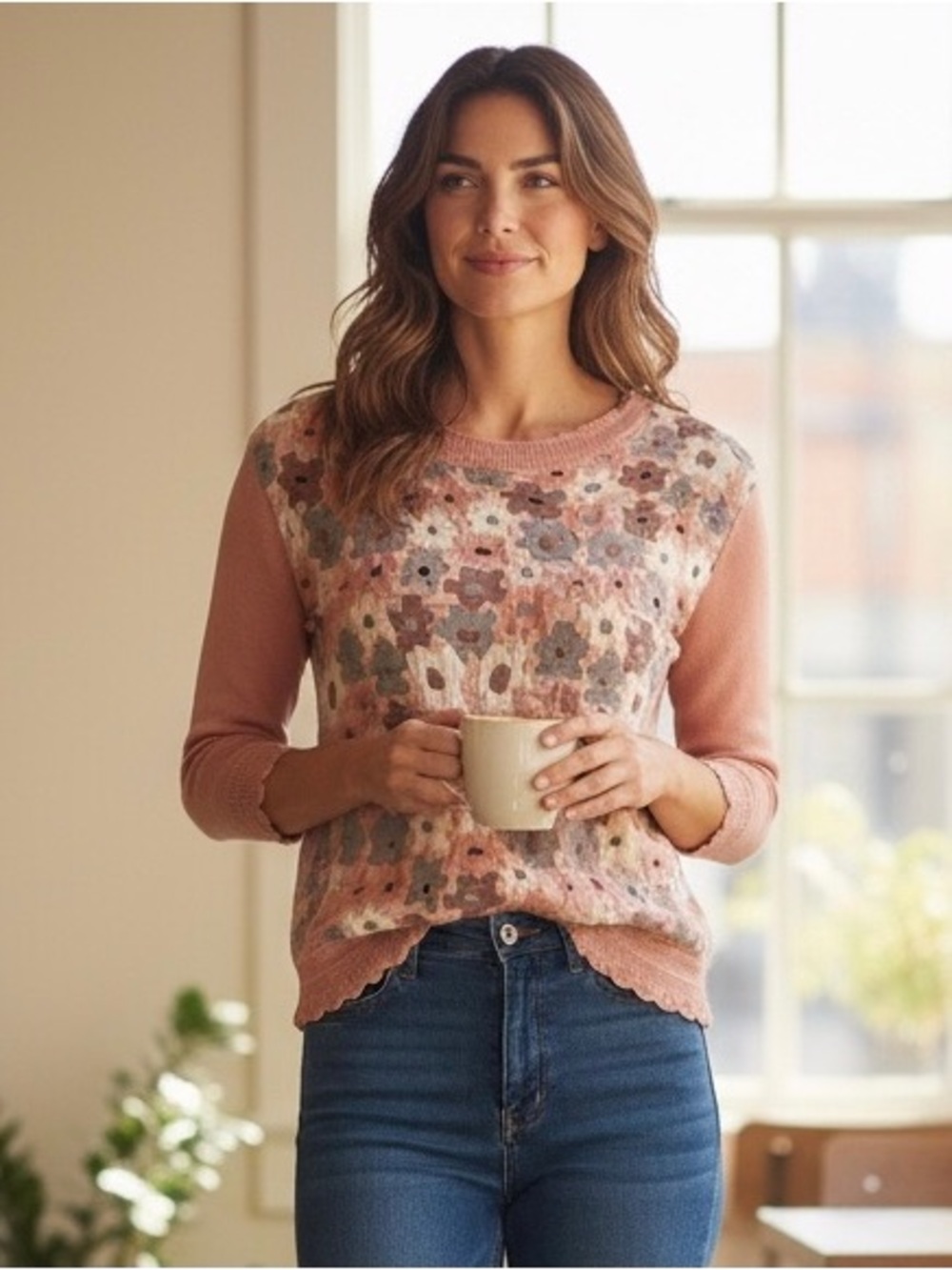 Floral Jacquard Crewneck Sweater in Dusty Rose